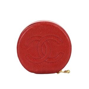 Chanel Coco Mark Jewelry Case Box Accessory Pouch Caviar Skin Red Vintage